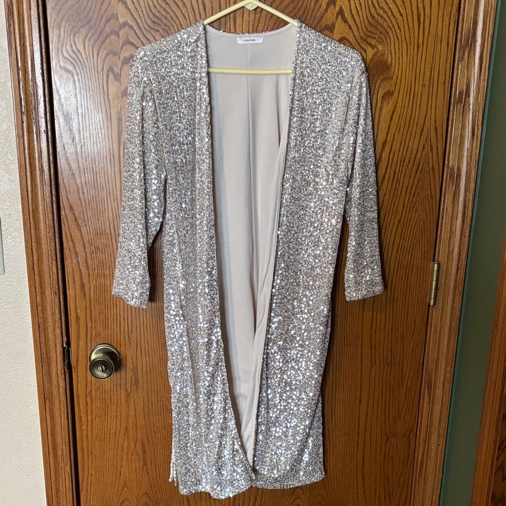 Maurices Sequin Open-Front Cardigan in Light Champagne